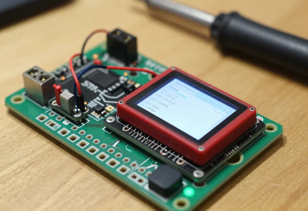 Электроника Kloop в сборе: плата STM32 Black Pill, экран ST7735 и кнопка на макетной плате